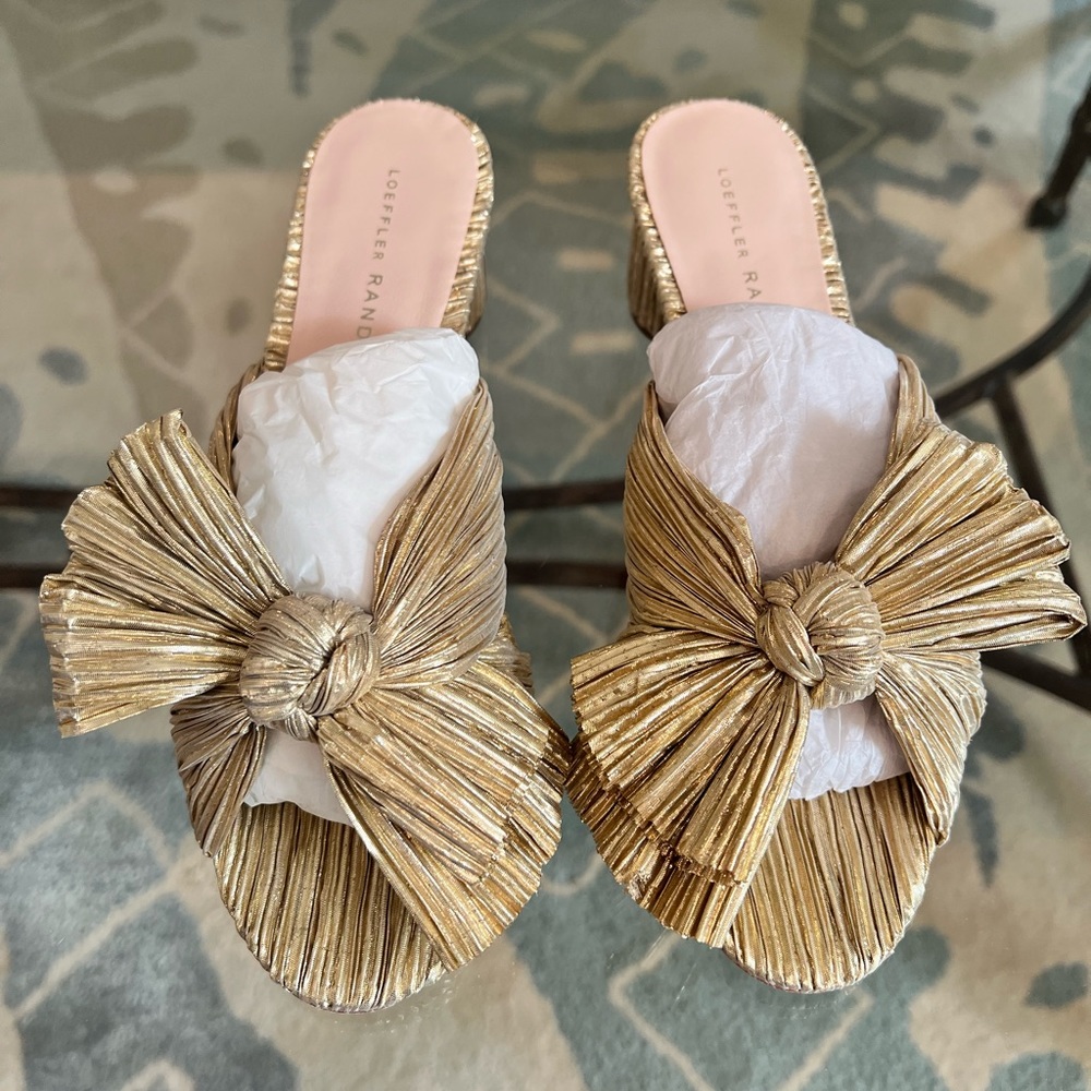 LOEFFLER RANDALL Emilia Penny Gold Pleated Bow Heel - Size 6.5B US